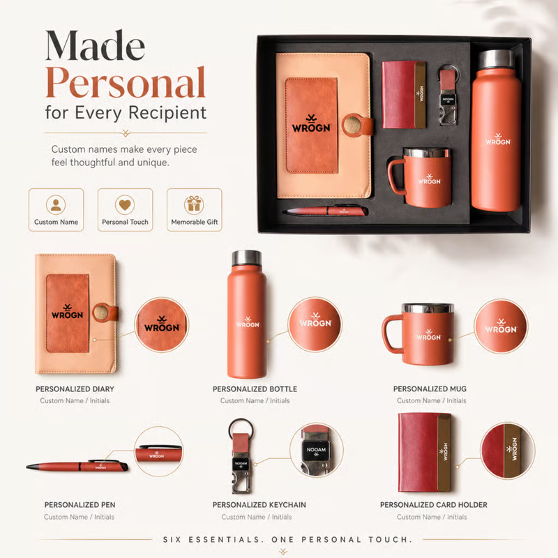 Personalized Mercury 6 in 1 Gift Set | Custom Name Diary Bottle Pen Keychain Card Holder & Mug Combo | Corporate Birthday Office Gifting Set