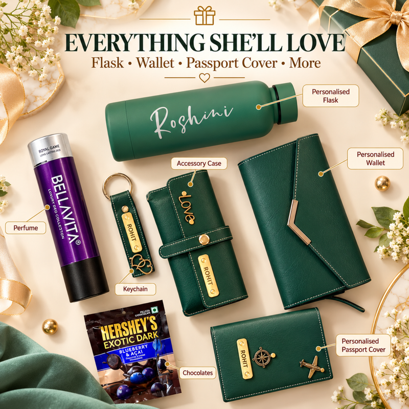 Personalised Lady Signature Gift Box | Premium Women Gift Hamper with Flask, Wallet, Passport Cover, Perfume & Chocolate
