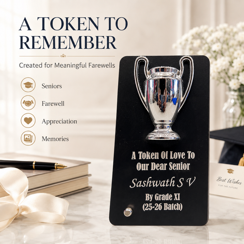 Customised Premium Trophy Table Top Gift with Gold & Silver Cup Design | Personalized Acrylic Award Plaque for Teachers, Seniors, Students, Champions, Farewell & Appreciation Gifts