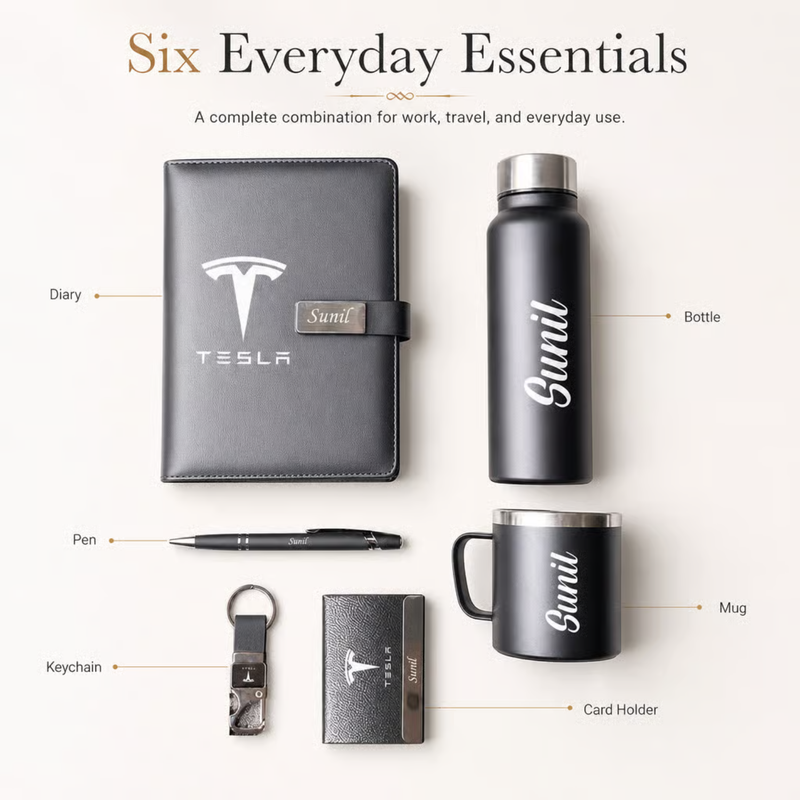 Personalized Mercury 6 in 1 Gift Set | Custom Name Diary Bottle Pen Keychain Card Holder & Mug Combo | Corporate Birthday Office Gifting Set