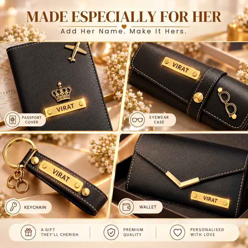 Personalised Pretty Lady Gift Box | Premium Women Gift Set with Wallet, Passport Cover, Eyewear Case & Keychain