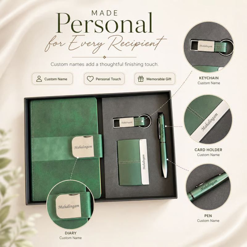 Personalized Ivory 4 in 1 Gift Set | Custom Name Diary Pen Keychain & Card Holder Combo | Corporate Birthday Office Gifting Set
