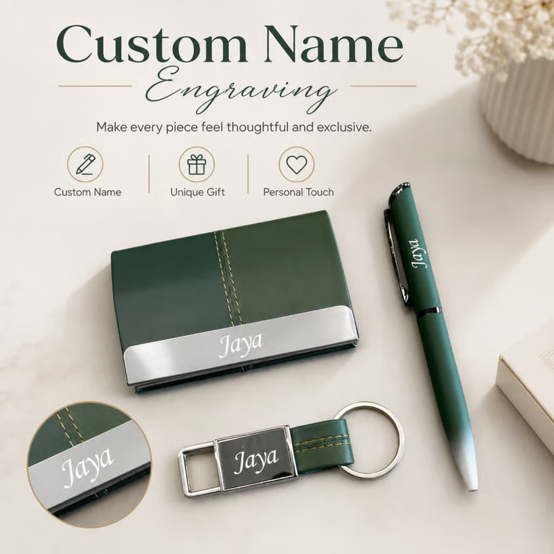 Personalized Dual Tone 3 in 1 Gift Set | Custom Name Card Holder Pen & Keychain Combo | Corporate Birthday Office Gifting Set