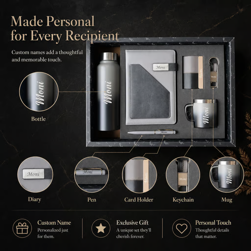 Personalized Dual Tone 6 in 1 Gift Set | Custom Name Diary Bottle Pen Keychain Card Holder & Mug Combo | Corporate Birthday Office Gifting Set