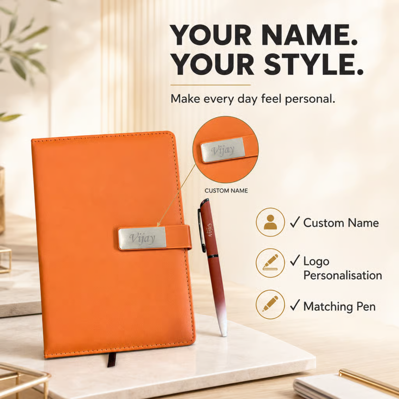 Vega Personalised Diary Pen Set | Premium Leather Finish Diary with Custom Name Printing & Matching Pen | Luxury Office Stationery Gift Set for Professionals
