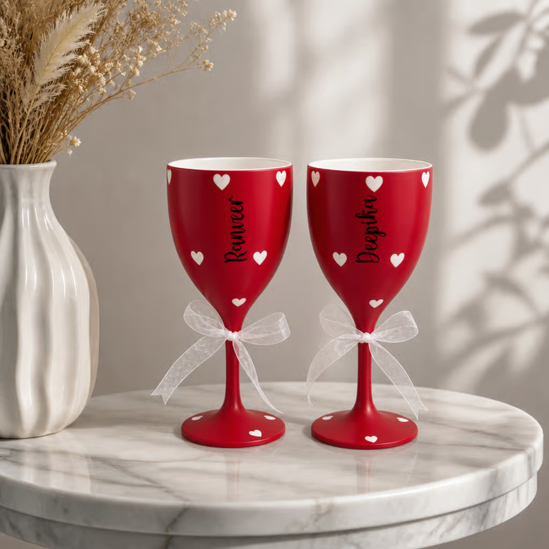 Personalized Wine Glass Set of 2 | 300 ml Premium Unbreakable Wine Glasses with Custom Name Printing | Matte Finish Champagne Goblets for Wedding, Anniversary, Couple, Birthday & Gift | Gift Box Available