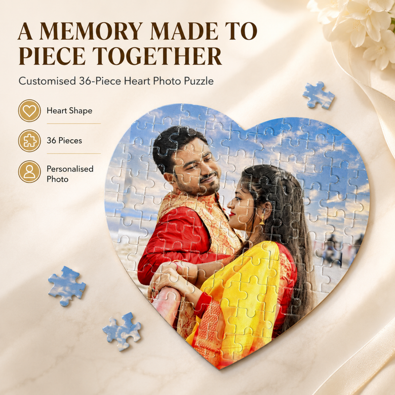 Customised 36 Pieces Photo Puzzle | Personalized Jigsaw Puzzle with Your Favourite Picture | Square & Heart Shape | With Frame & Without Frame Options | Custom Photo Gift for Birthday, Anniversary, Wedding, Couples, Kids & Family