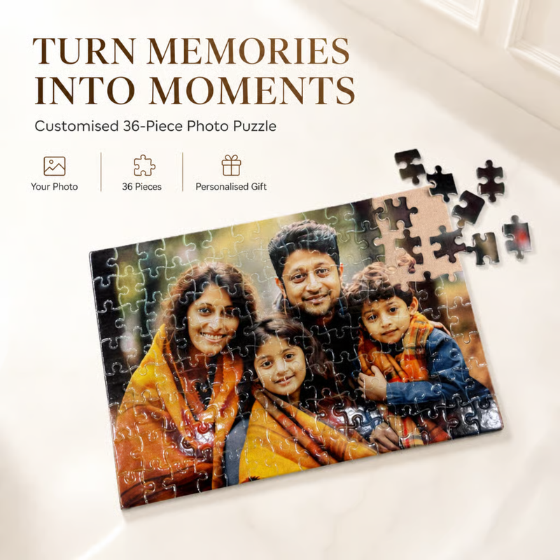 Customised 36 Pieces Photo Puzzle | Personalized Jigsaw Puzzle with Your Favourite Picture | Square & Heart Shape | With Frame & Without Frame Options | Custom Photo Gift for Birthday, Anniversary, Wedding, Couples, Kids & Family