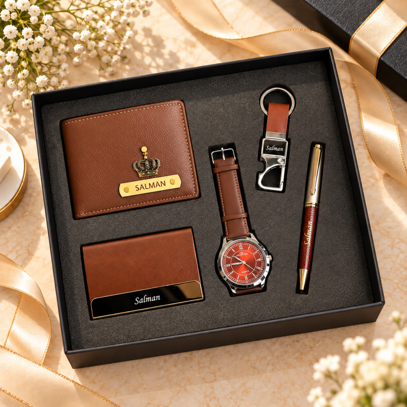 Timex Personalised Gift Set | Executive Wallet with Wrist Watch Pen Keychain & Card Holder | Premium Customised Gift Hamper for Men