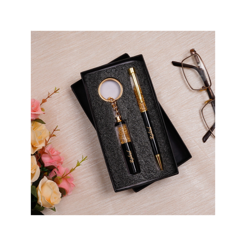 Personalised Gold Flake Pen & Keychain Set | Elegant Pen with Matching Keychain | 2-Piece Gift Set for Men & Women
